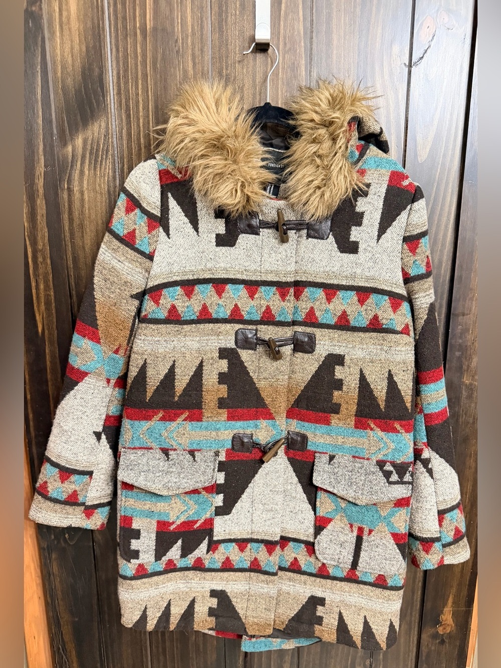 Aztec Wool blend Toggle Jacket with Faux Fur hood. Size: Medium - Picture 3 of 9